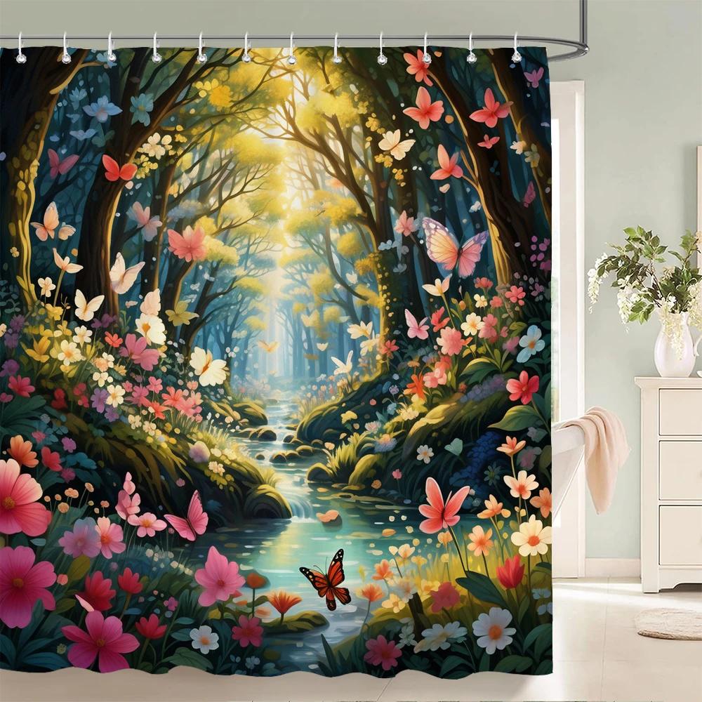 

1Pc Watercolor Floral And-Bird Printed Shower Curtain With Hooks - Design Chic Leaves Flowers Bathroom Curtain Home Decoration W60H190(CM)-1 Pcs