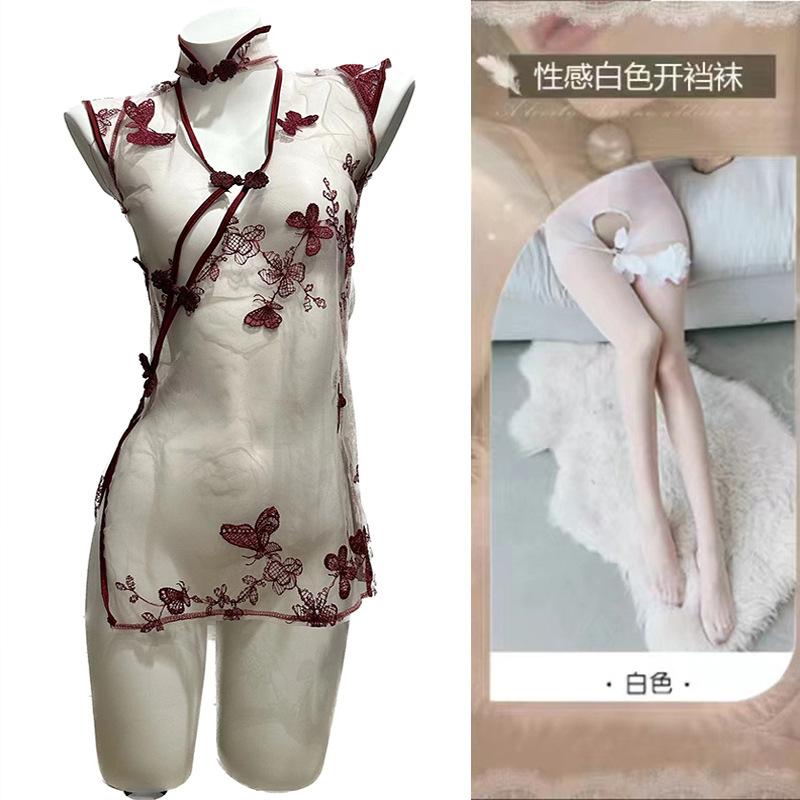 Sex underwear women's sexy perspective nightgown seduction retro hollow butterfly embroidered cheongsam uniform