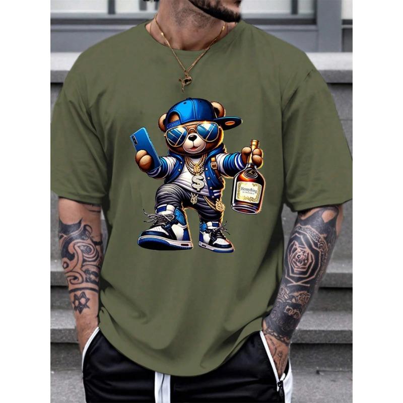 Men's Summer Fashionable Casual Loose Cartoon Bear Printed Sports Round Neck Short Sleeve T-shirt