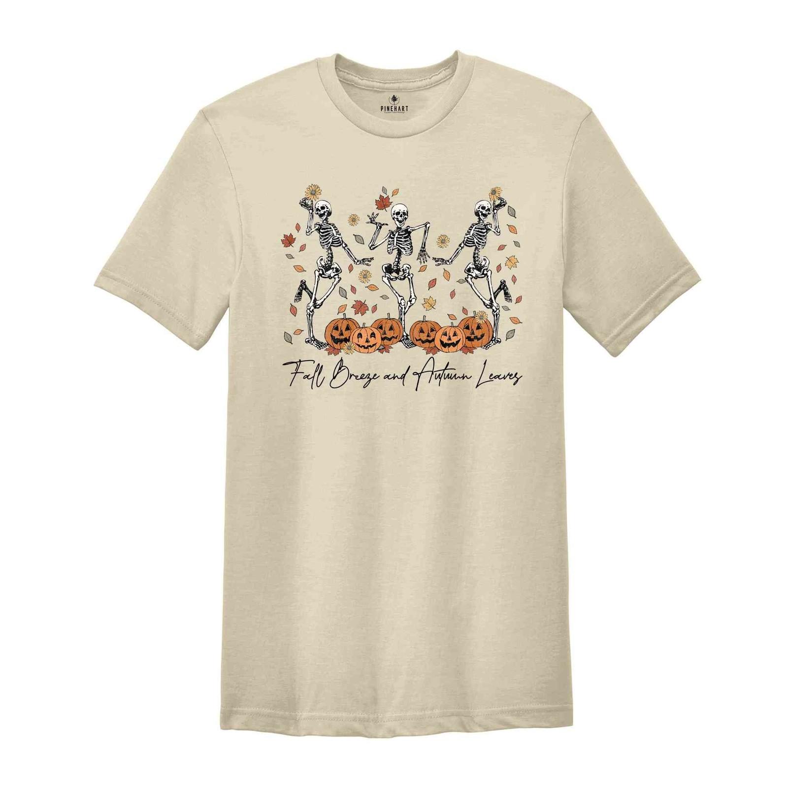 Fall Breeze and Autumn Leaves Shirt, Thanksgiving Family Shirt, Dancing Skeleton S разноцветный