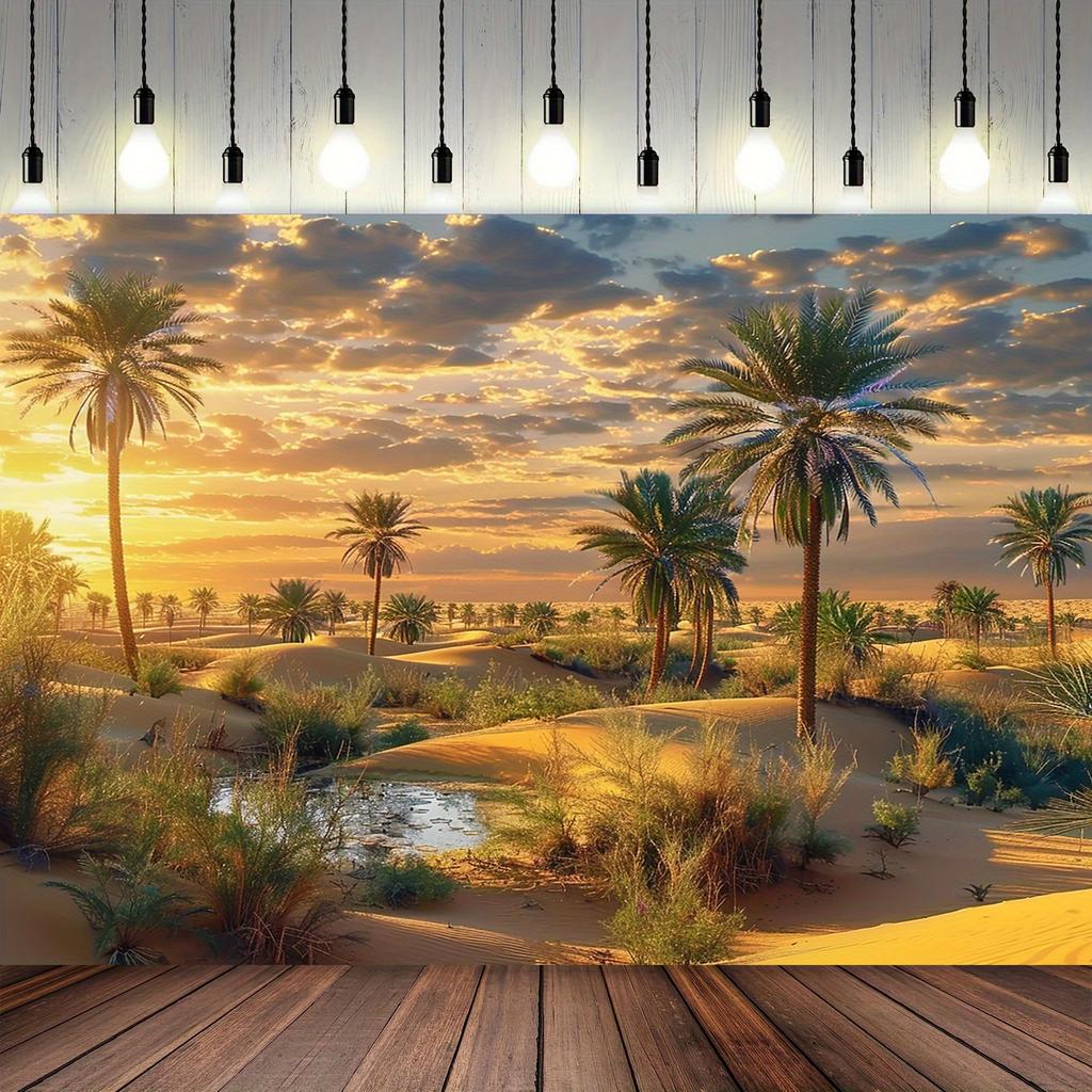2D flat 1 piece desert palm tree oasis sunset banner background fabric - polyester fabric, for home decoration and parties