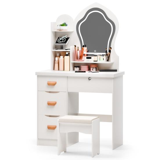 Makeup Vanity Desk with LED Lighted Crown-shaped Mirror, Vanity Table with 4 Drawers and Opening Shelves, Bedroom Dressing Table with