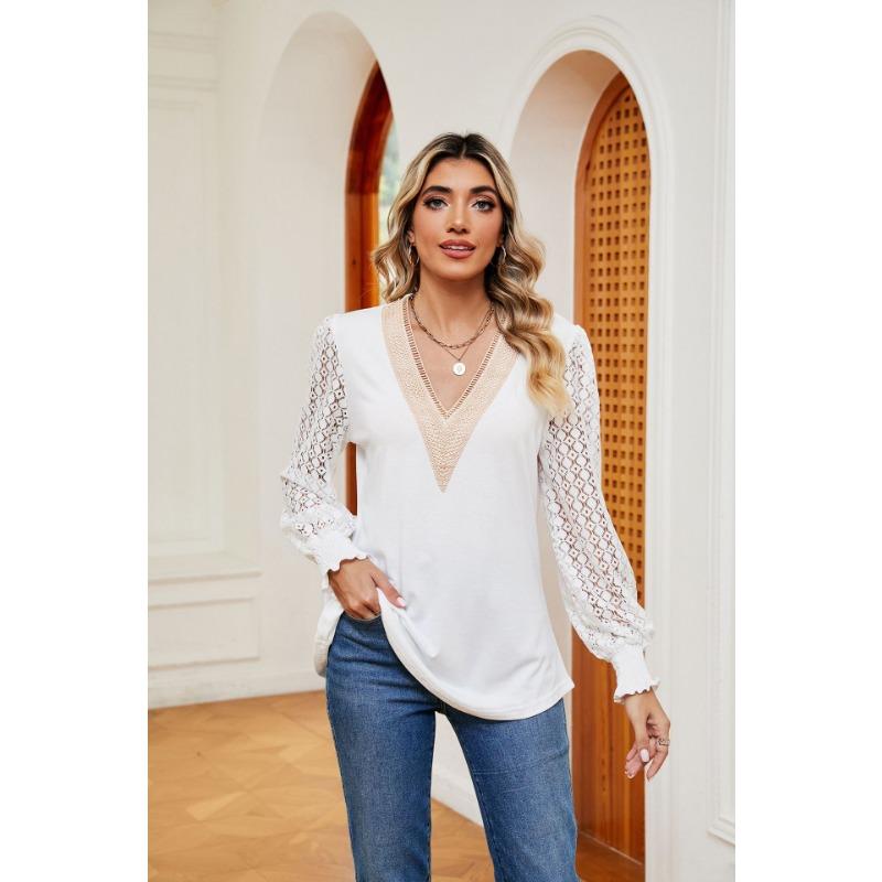 YYFS Women's Fashion Casual Spring Fall Solid Color Print Long Sleeve V-Neck Blouses & Shirts