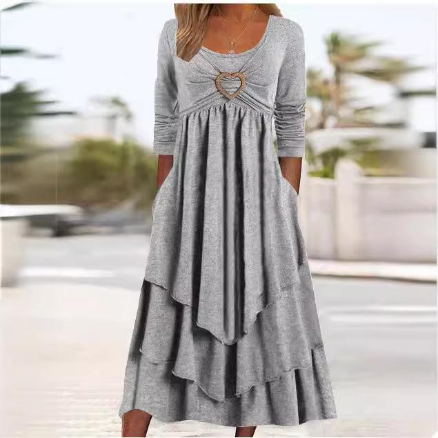 In Stock: 2026 Spring/Autumn European-American Waist-Cinching Casual Dress with Heart Detail and Tiered Hem
