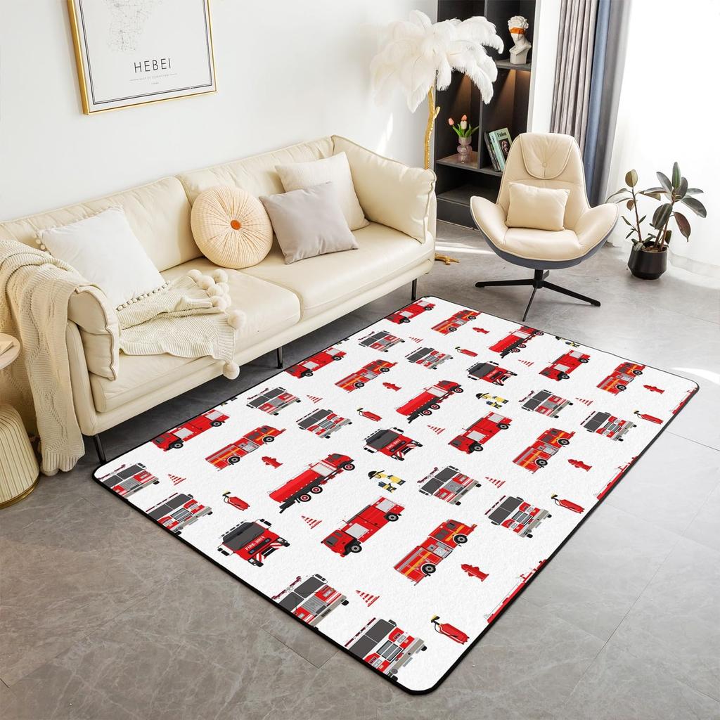 Firefighting Truck Area Rug, Fire Truck Carpet for Teen Boys, Cartoon Emergency Rescue Vehicle Floor Mat for Living Room Bedside