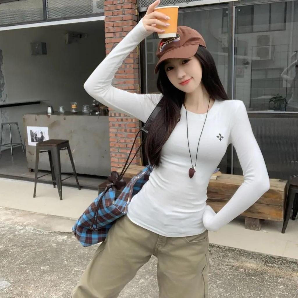 Women's Slim Fit Long Sleeve Embroidered Top - Round Neck, Elastic, Elegant Base Layer for Autumn & Winter