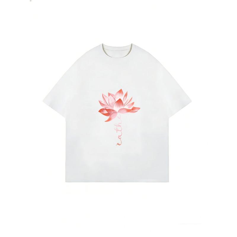 Women Casual T Shirt White Lotus Flower And Text Print Summer Outfit For Yoga And Daily Wear