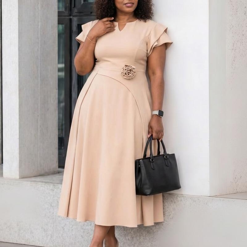 Plus Size High Waist Mid Length Big Hem Elegant A Line Women Summer Dress