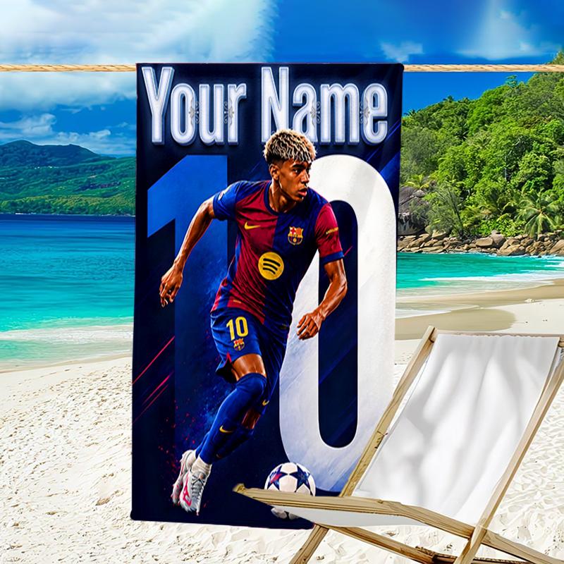 1pc Lamine Yamal Beach Towel with Custom Name, Beach and Seaside Swimming Pool Equipment, Fashion Pattern, Rectangular, Travel Essential