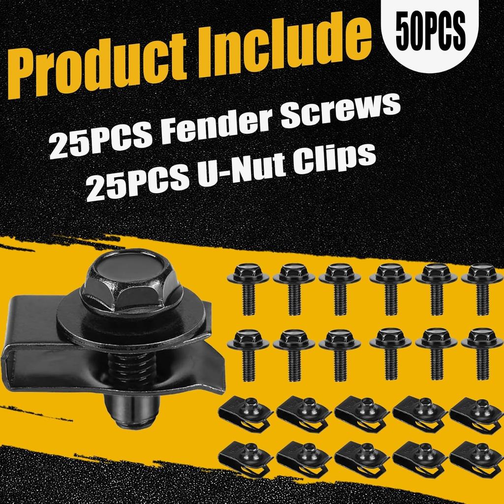 M6-1.0 Body Bolts & U-Nut Clips Kits,Hex Head Automotive Body Fender Bolts Kit Replacement for Most Cars Engine Cover and Bumper Fender Liner (30)