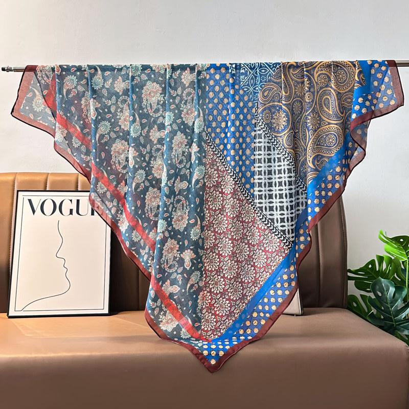 French retro ethnic style 111 imitation silk scarf large square scarf with shawl beach towel for women in spring and autumn