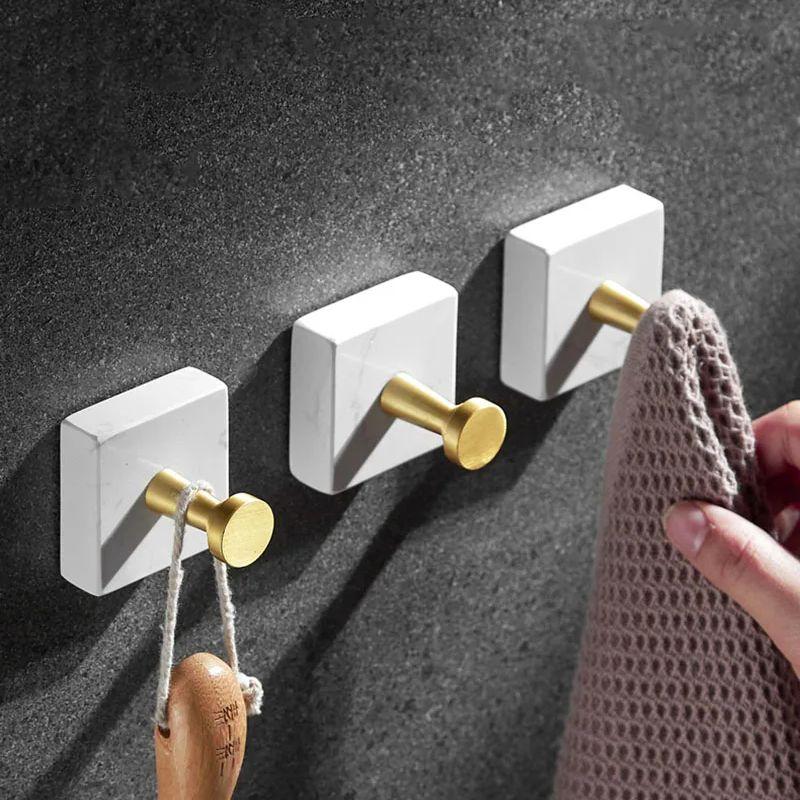 Weißer Marmor Badezimmer Einzelhaken Gebürstetes Gold Wandhänger Mantelhaken Bademantelhaken Schrankdekoration Kleiderbügel Tür Quadratischer Mantelhaken