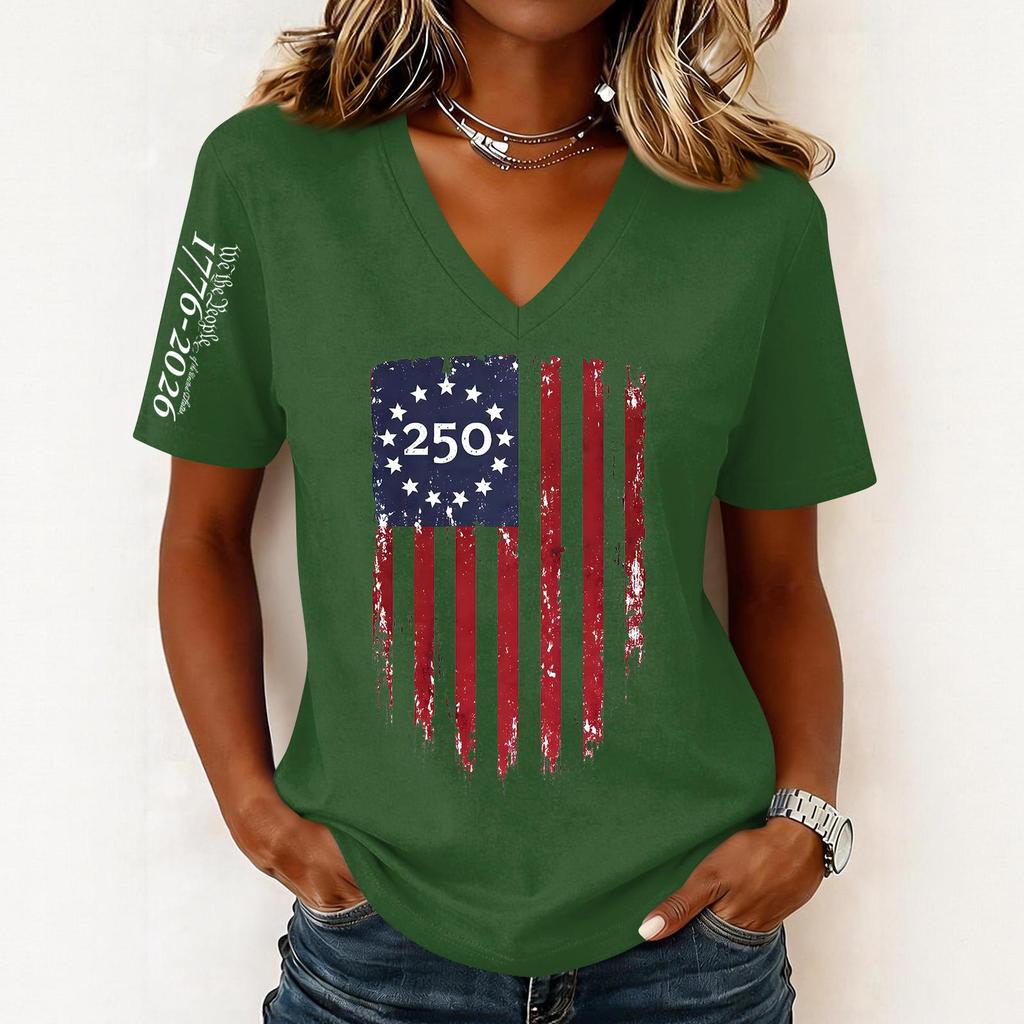 Women’s Casual V Neck Short Sleeve Pullover Top with 250th Anniversary Printed Graphic Lightweight Loose Fit T Shirt