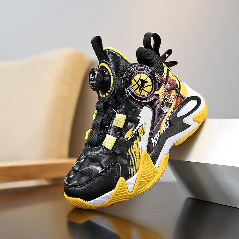 

2025 Autumn Boys Rotating Buckle Leather Basketball Shoes: Wear-Resistant and Practical for Kids 36 жовтий/чорний