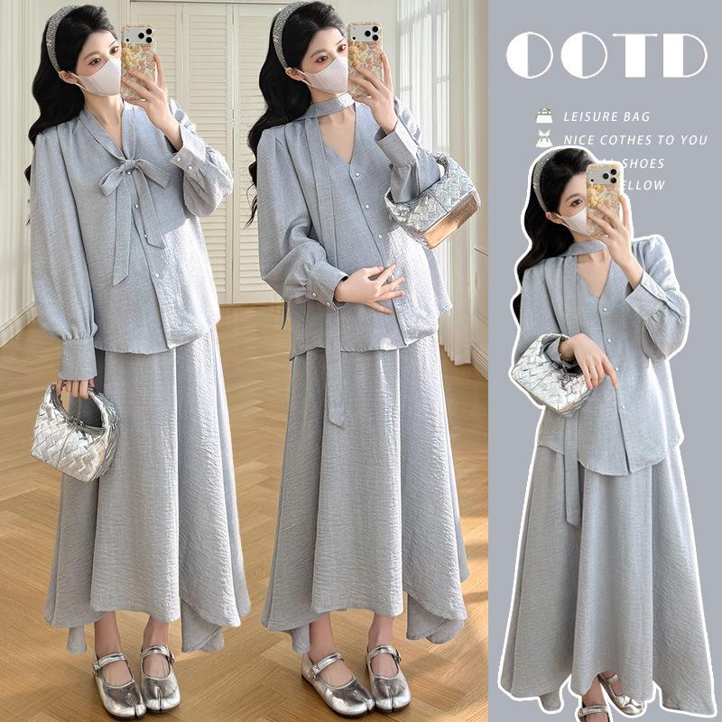 Available Spring 2026: Elegant French V-neck Shirt & Ribbon Skirt Maternity Set XL