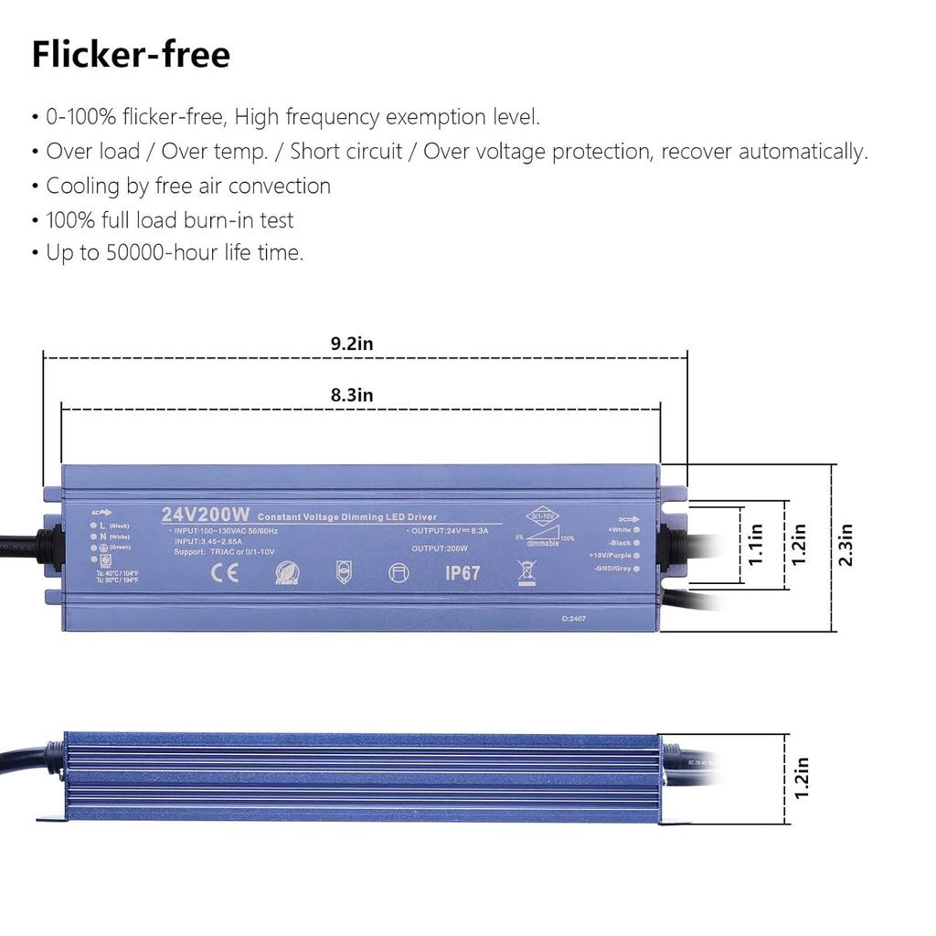 Constant Voltage 24V 200W 8,5A Dimmable LED Driver, Waterproof IP67 Transformer, AC 110V Triac Power Supply, LED Adapter for LED Light, Computer