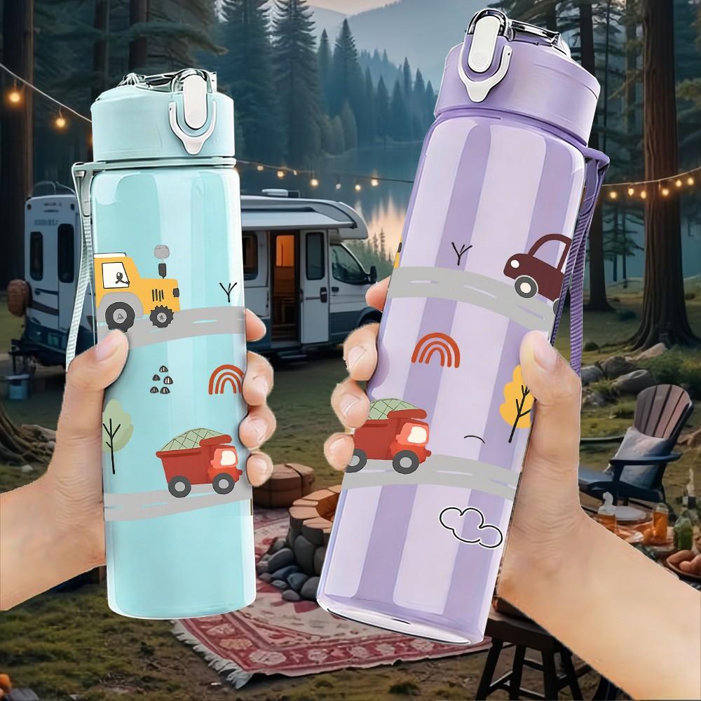 1 BOTELLA DE AGUA DE PLÁSTICO DE 750 ML con Patrón de Escena de Carretera Rural para Coche y Camión, Tapa de Pitorro abatible a Prueba de Fugas, Adecuada para Deporte, Oficina, Uso en Casa