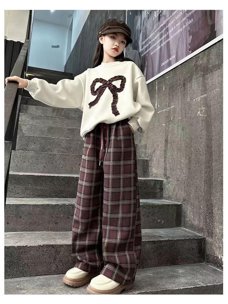 Girls' Fashionable Plaid Pants & Bow Sweatshirt Set - Autumn/Winter 2025