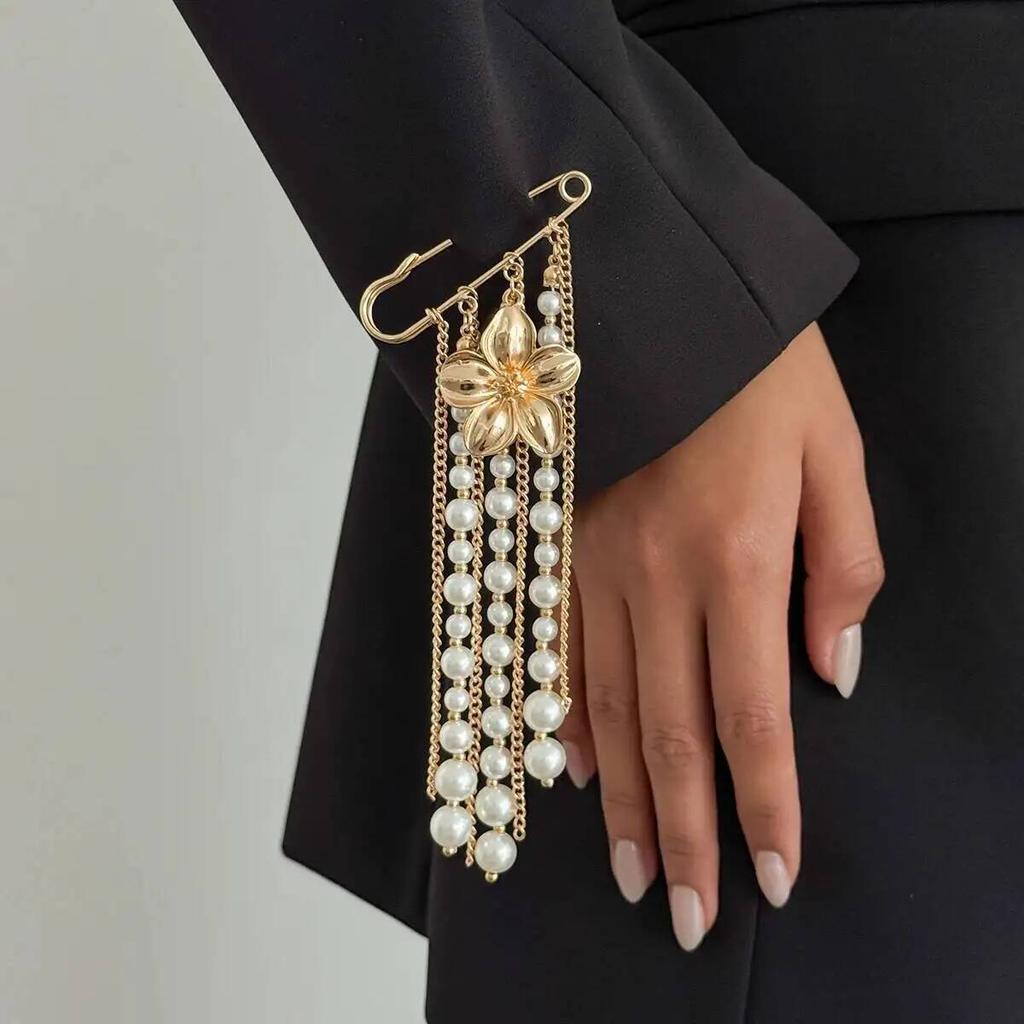SHIXIN Trendy Imitation Pearl Tassel Beaded Brooche Women New Exquisite Gold Color Flower Geometric Suit Pin Jewelry Accessories