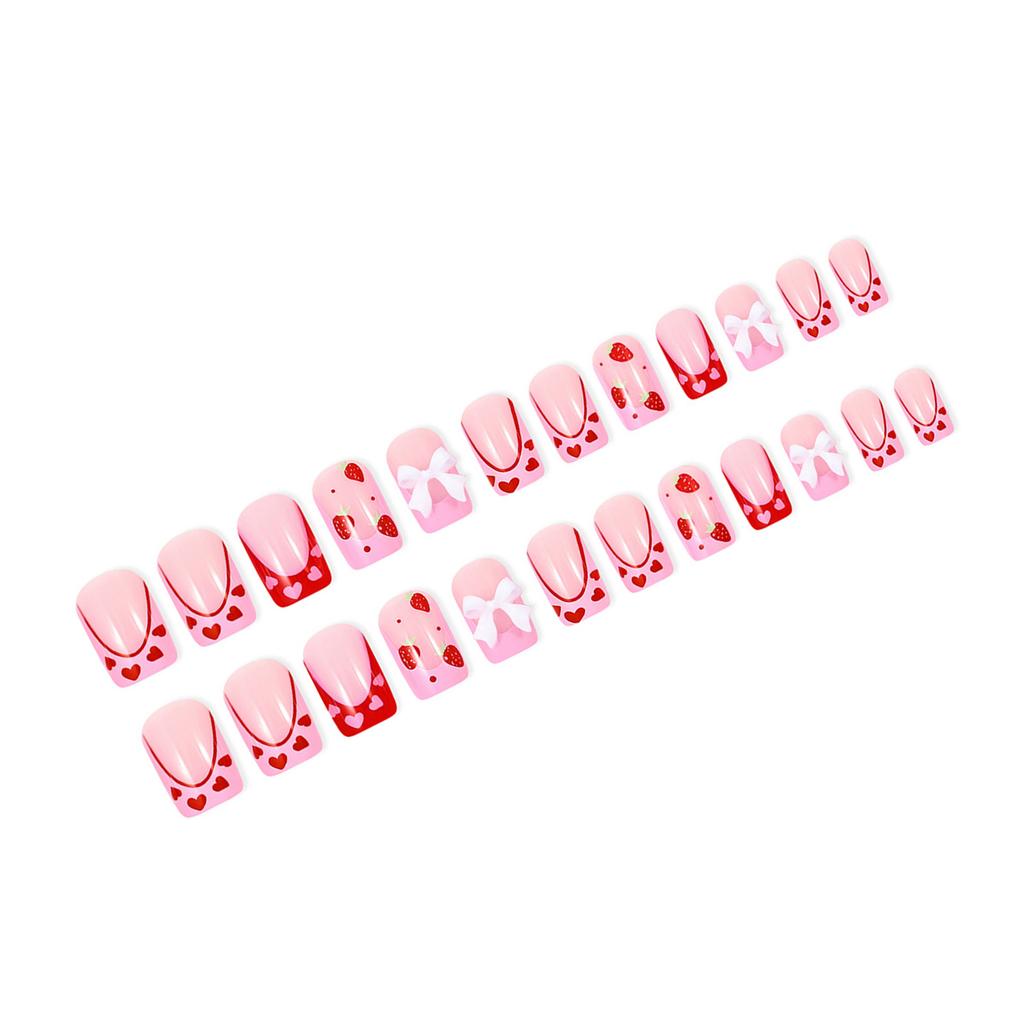 24 Stück Mittelgroße Quadratische Falsche Nägel mit Schleifen Herz Künstlicher Nagel Französische Spitze Aufkleben Nagel Valentinstag Aufdrücknagel