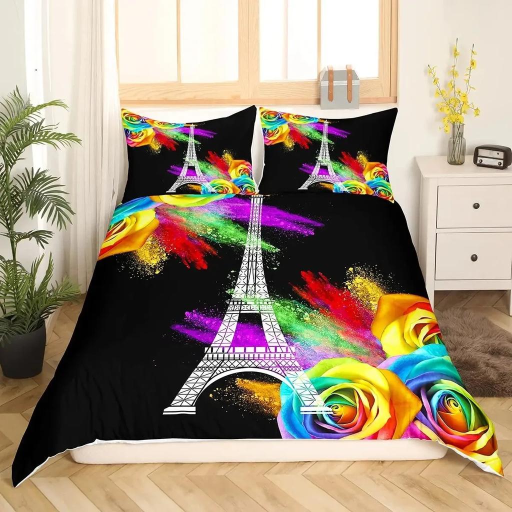 Girls Rainbow Rose Duvet Cover Set Colorful Rose Floral Bright Flowers Petal Comforter Cover Garden Fresh Bedding Sets Full Size