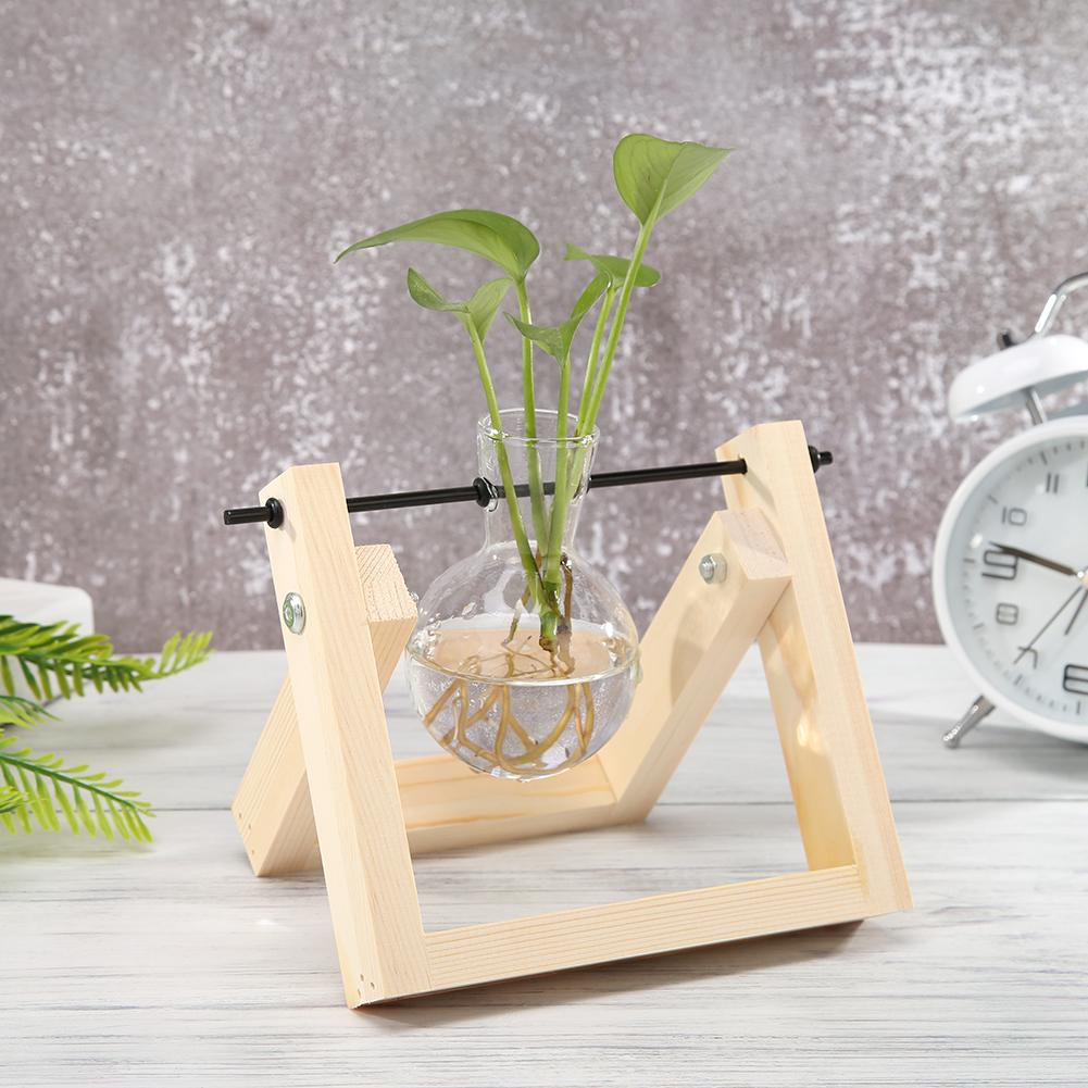 Glass and Wood Vase Planter Terrarium Table Desktop Hydroponics Tray Home Decor Plant Bonsai Flower Pot Hanging Pots with Wooden