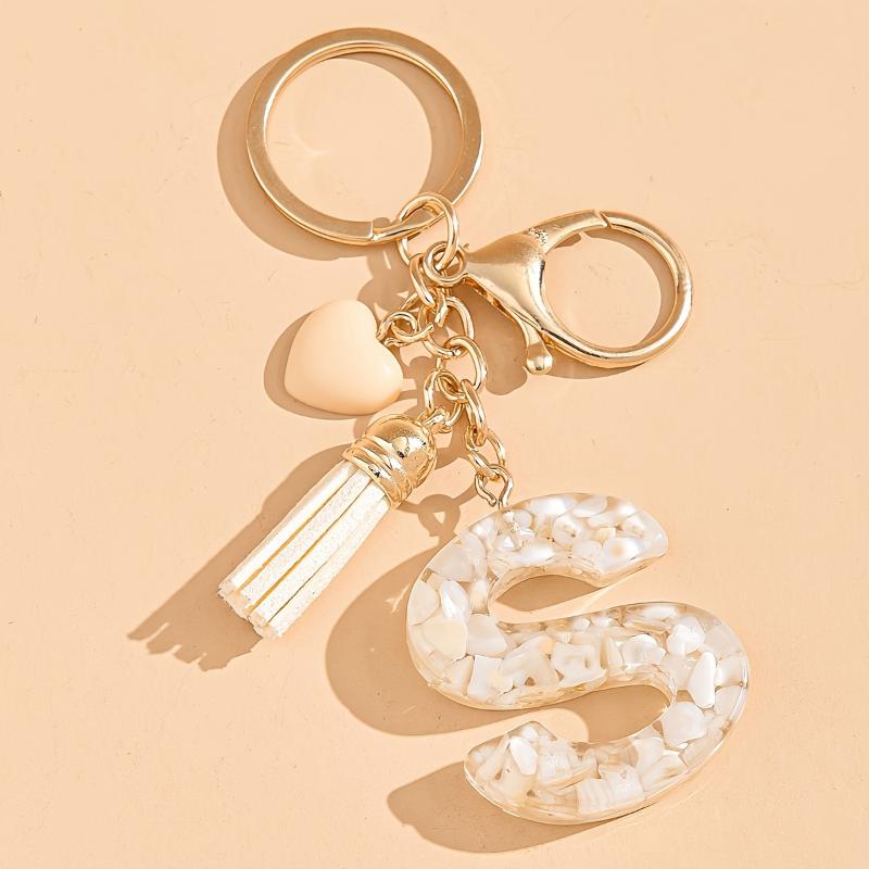 26 Iniciais Alfabeto A a Z Chaveiro de Letra Borla em Forma de Coração Bege Argolas de Chave Moda Enfeite Pendurado para Bolsa Bugiganga de Carro Presentes