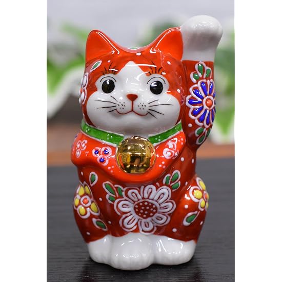 Waza no Kura Cute Maneki-neko Figurine, Kutani Ware, 3.3-sun, Left-Hand Beckoning Cat, Red Mori, Fen
