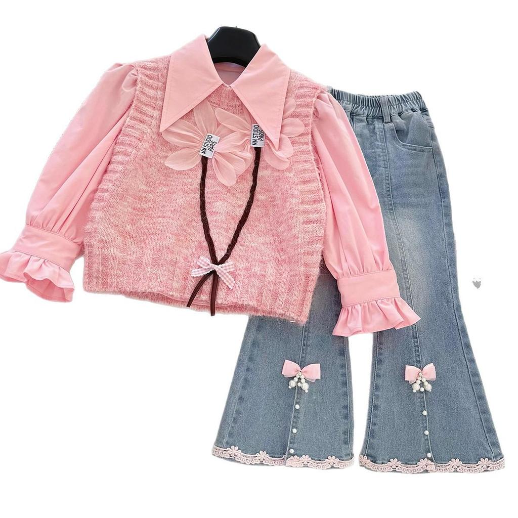 Baby Girl Autumn Knit Set: Wool Vest, Shirt & Micro-Flare Jeans Trendy Three-Piece 2025.