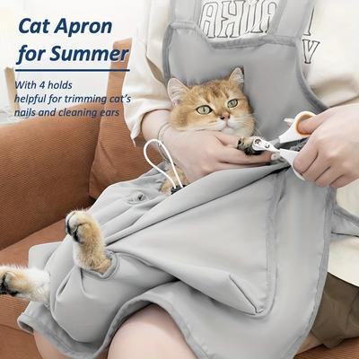 1 prodyšná bavlněná zástěra pro kočky se 4 pevnými otvory, přenosná taška na přenášení domácích mazlíčků, jednoduché stříhání drápků