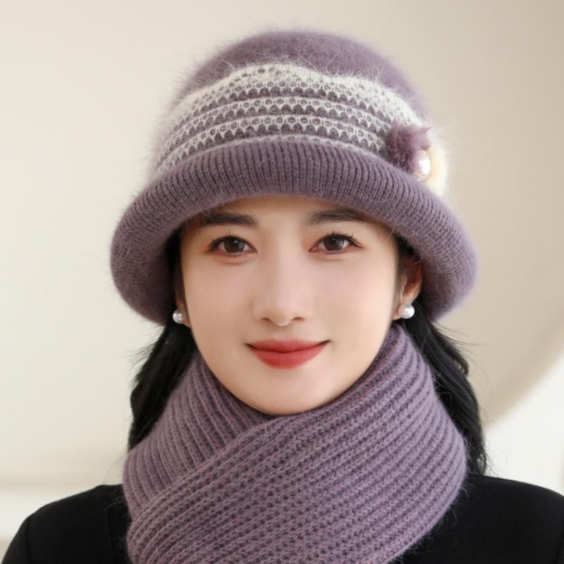 Winter Hat Women's Knitted Wool Hat Plush Thick Warm Faux Rabbit Fur Basin Hat
