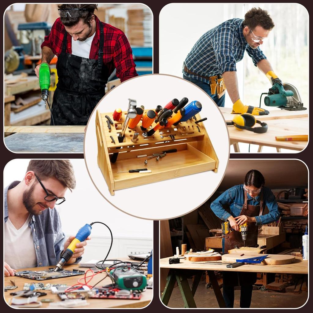 Screwdriver Organizer Desktop Screwdriver Holder 53 Slots Workbench Rack Stand Bamboo Tool Storage Organizer for Plier Hammer Allen Wrench