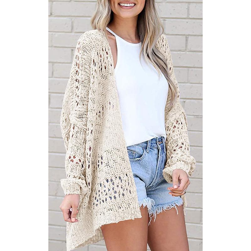 Women Knit Sweater Cardigan Beach Full Sleeve Hollow Out Jumper Straight Solid Casual Elegant Coat Knitted Outwear