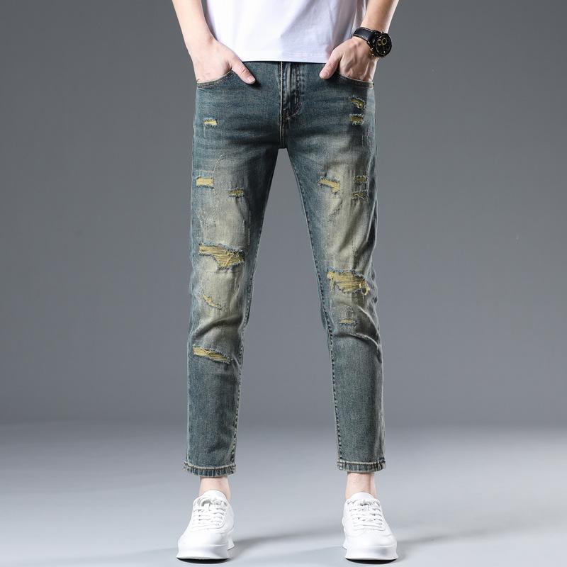 New Summer Jeans Trendy Brand Slim Fit Nine-point Stretch Casual Long Pants for Men