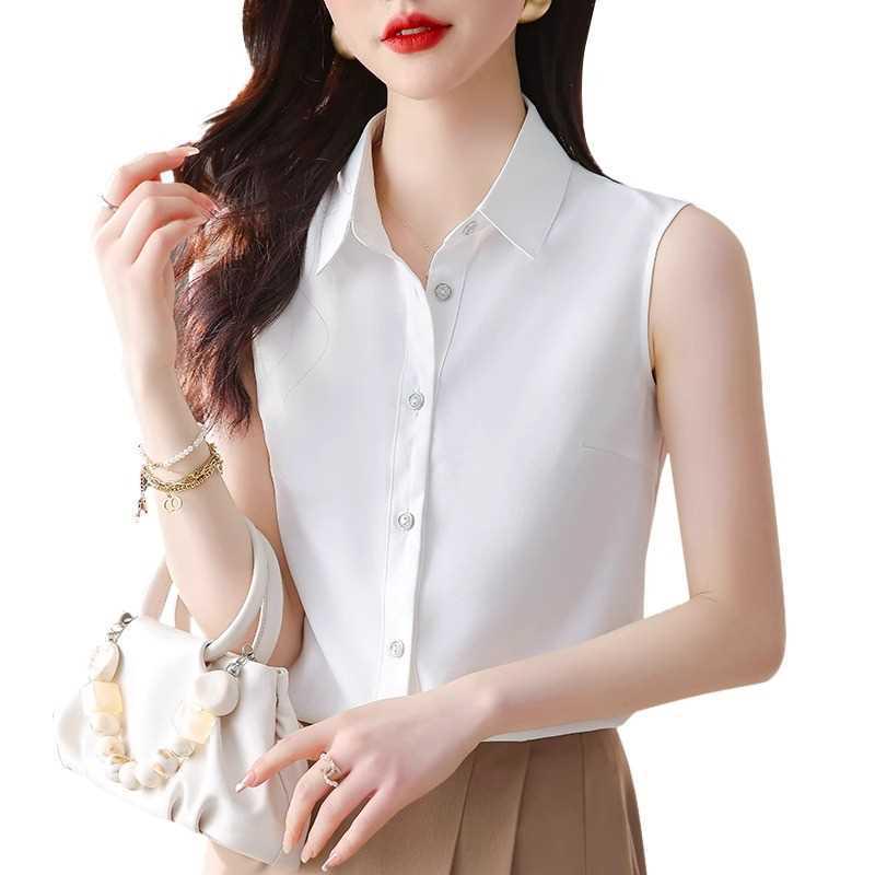 Dámská bílá šifonová halenka bez rukávů - Profesionální košile s límečkem na jaro/léto
