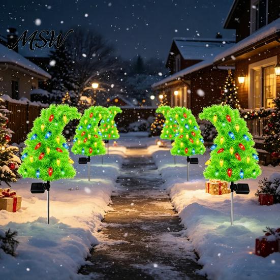 Outdoor Christmas Scene Decor Solar Tree Garden Stake Lights, IP65 Waterproof Crooked Lamp with Colorful Light for Easy Install Stakes Pathway