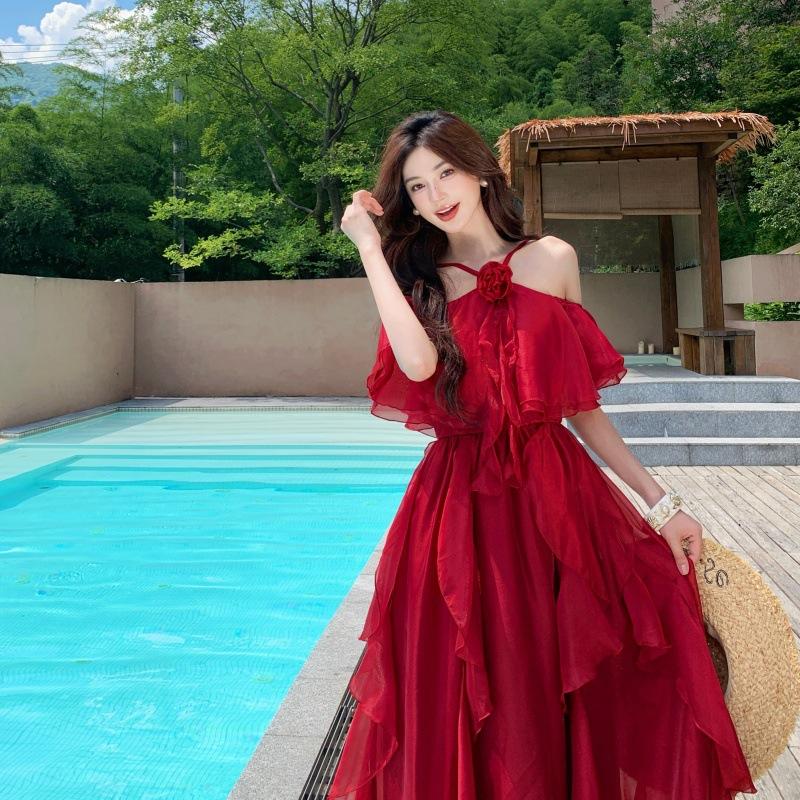 Blovelan Rose Cloud Mist Vintage Bright Off-shoulder Off-shoulder Chiffon Off-shoulder Ruffled Large Hem Dress for Summer
