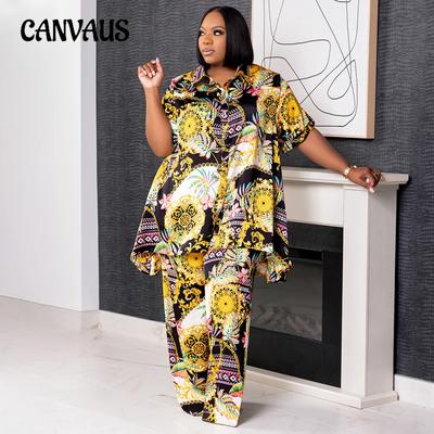 Summer Women's Plus Size Printed Shirt Collar Short Sleeve Long Pants Casual Comfort Pant Suit