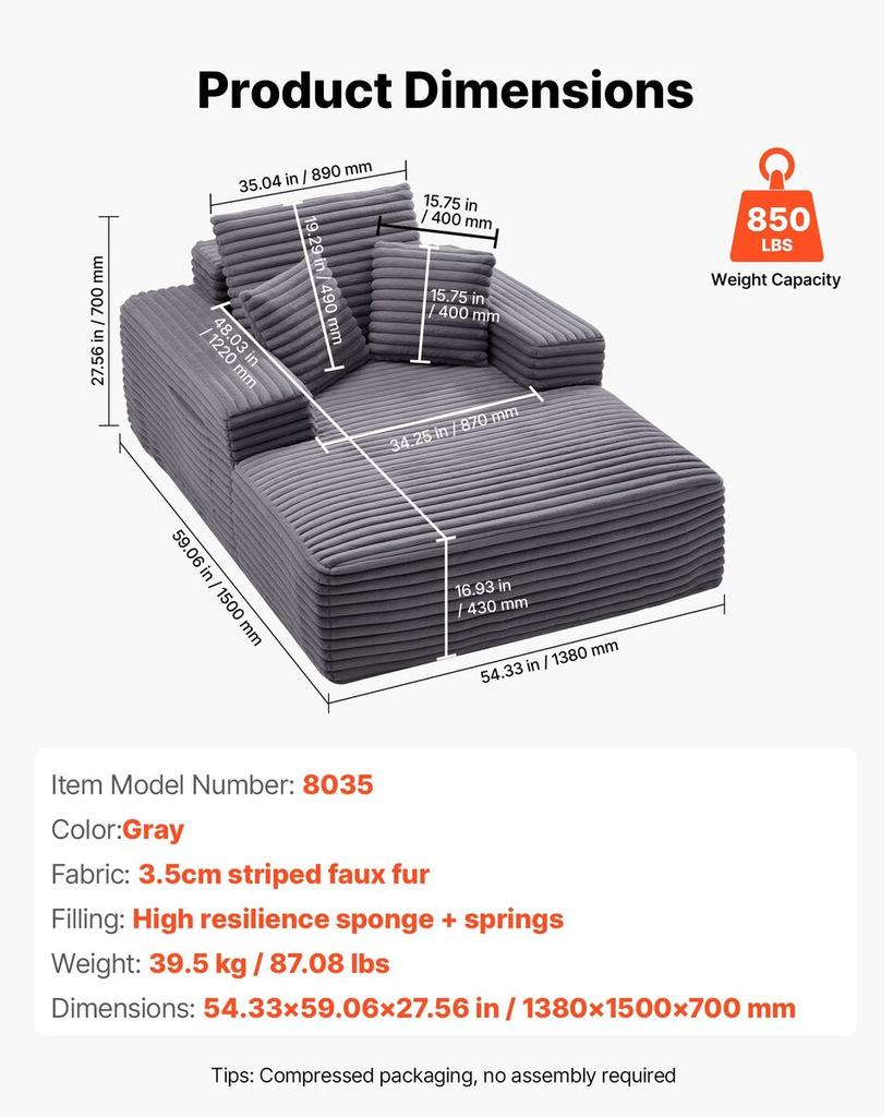 Chaise Lounge Chair, 1380 Mm Boneless Chaise Lounge Indoor, Modern Upholstered Oversized Reading Chair with Throw Pillows & Armrests, Sofa Couch Deep