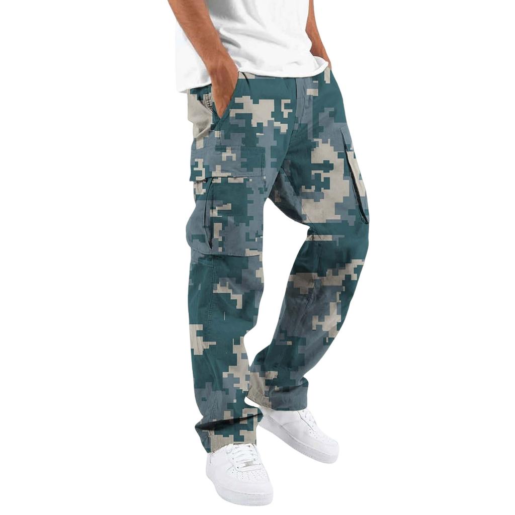 Men Drawstring Elastic Waist Cargo Pants Four Pockets Digital Print Loose Fit Long Trousers for Daily Outdoor Wear