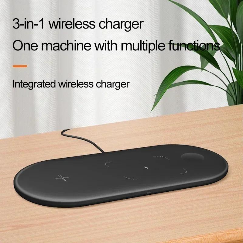 3 In 1 Wireless Charger Pad Ultra thin Desktop Mobile Phone Fast Charging Station USB PD For iPhone 16 15 14 13 IWatch Airpods