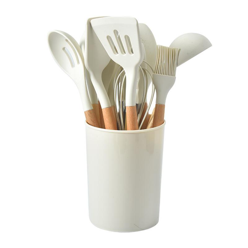 Wooden Handle Silicone Kitchen Utensils 12-Piece Set Nonstick Cooking Spatula Spoon Heat-Resistant Silicone Kitchen Tools Set
