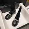 Fashion pearl flower buckle boots women thick high heels winter botas shoes japanned leather & knitting patchwork ankle botines female