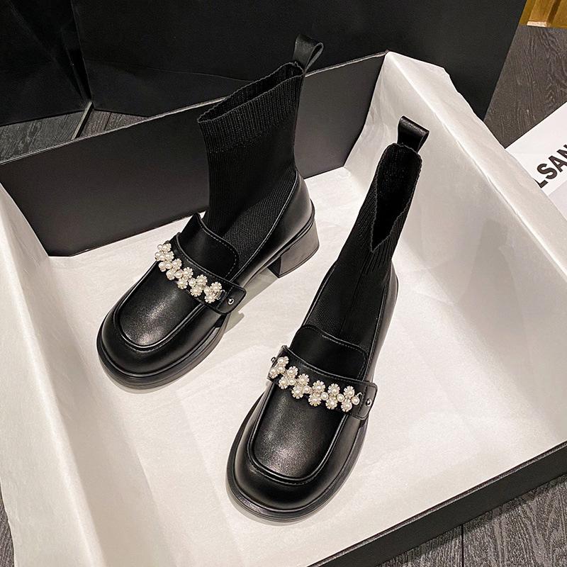 Fashion pearl flower buckle boots women thick high heels winter botas shoes japanned leather & knitting patchwork ankle botines female