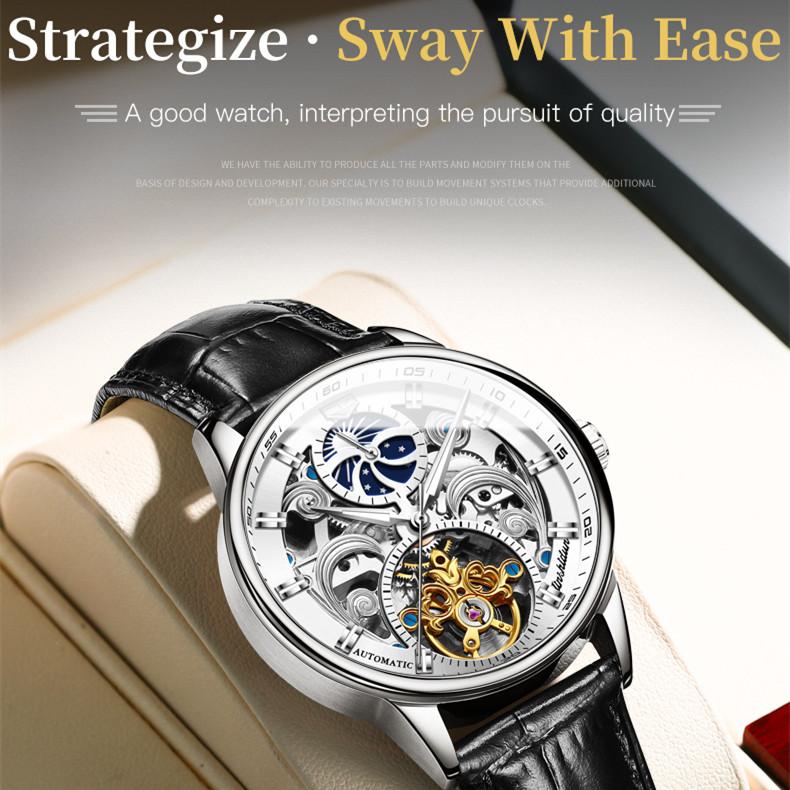 JINSHIDUN Yeni İş ve eğlence erkek saati Moda Hollow Ay Fazı Su geçirmez Aydınlık Mekanik Saat High-end erkek saati