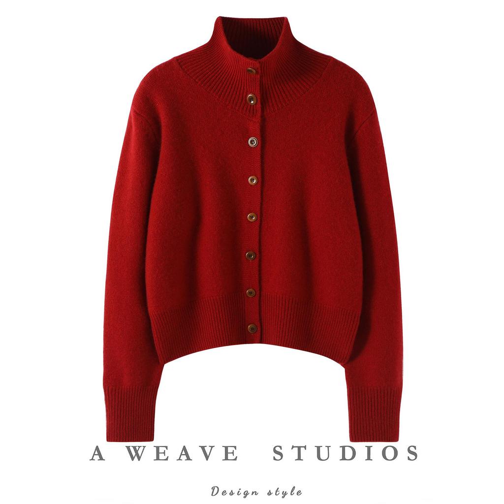 Women's Three-Ply Thickened Cashmere Knit Cardigan: Loose, Slimming, Half-High Collar Single-Breasted Outerwear for Autumn and Winter