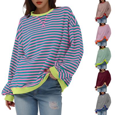 Women's Oversized Striped Color Blocking Long Sleeved Round Neck Sports Shirt Casual Loose Fitting Pullover Shirt Top
