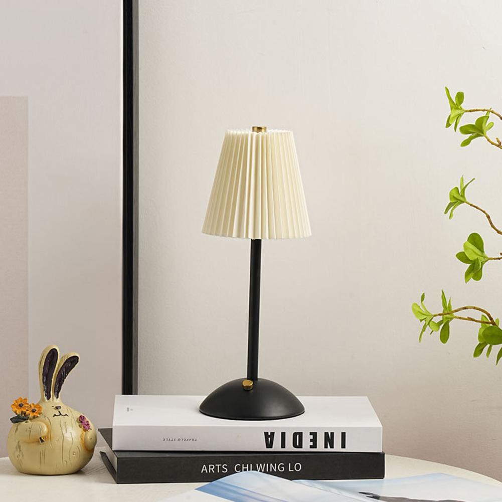 Pleated Shade Nightstand Lamp Soft Light Decorative Light with Metal Base Rechargeable for Living Room Bedroom