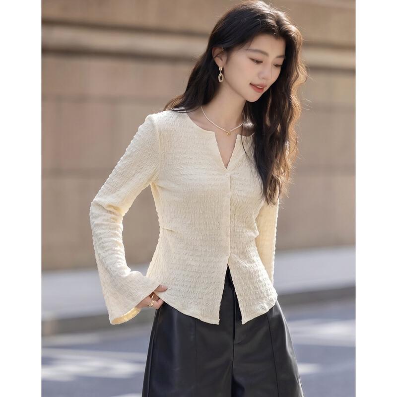 Elegant V-Neck Pleated Slim-Fit Long Sleeve T-Shirt