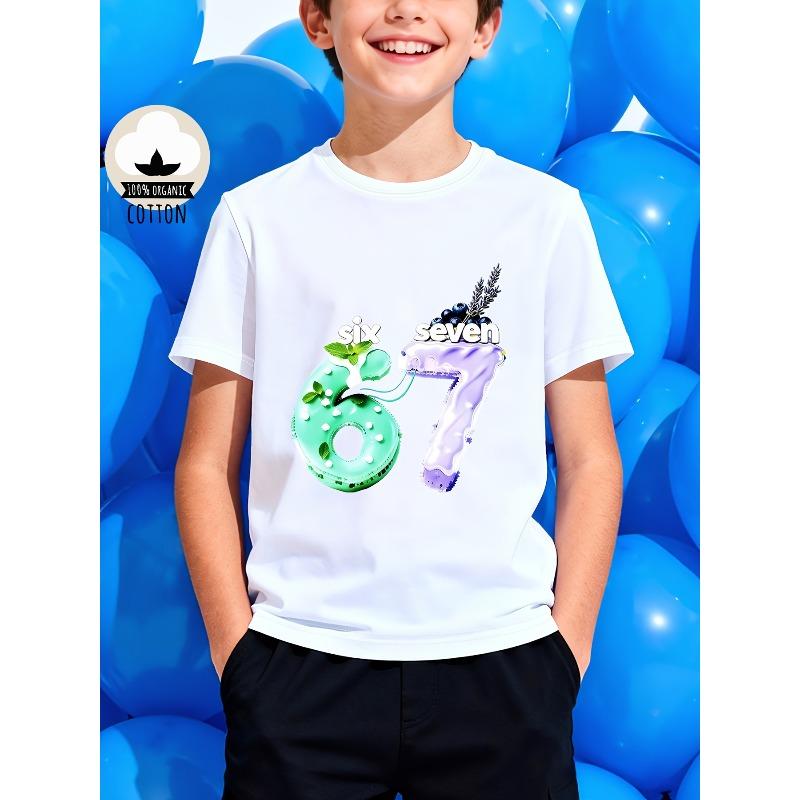 European sizes Mint Blueberry Cake "67" Letter/Cartoon Print, Clothing Short-Sleeved T-Shirt, Casual Style for Boys, Suitable for Outdoor Activities